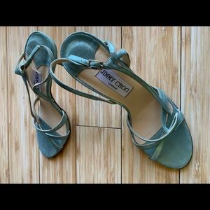 Jimmy Choo shimmery light green strappy high heel sandals, 39, 9